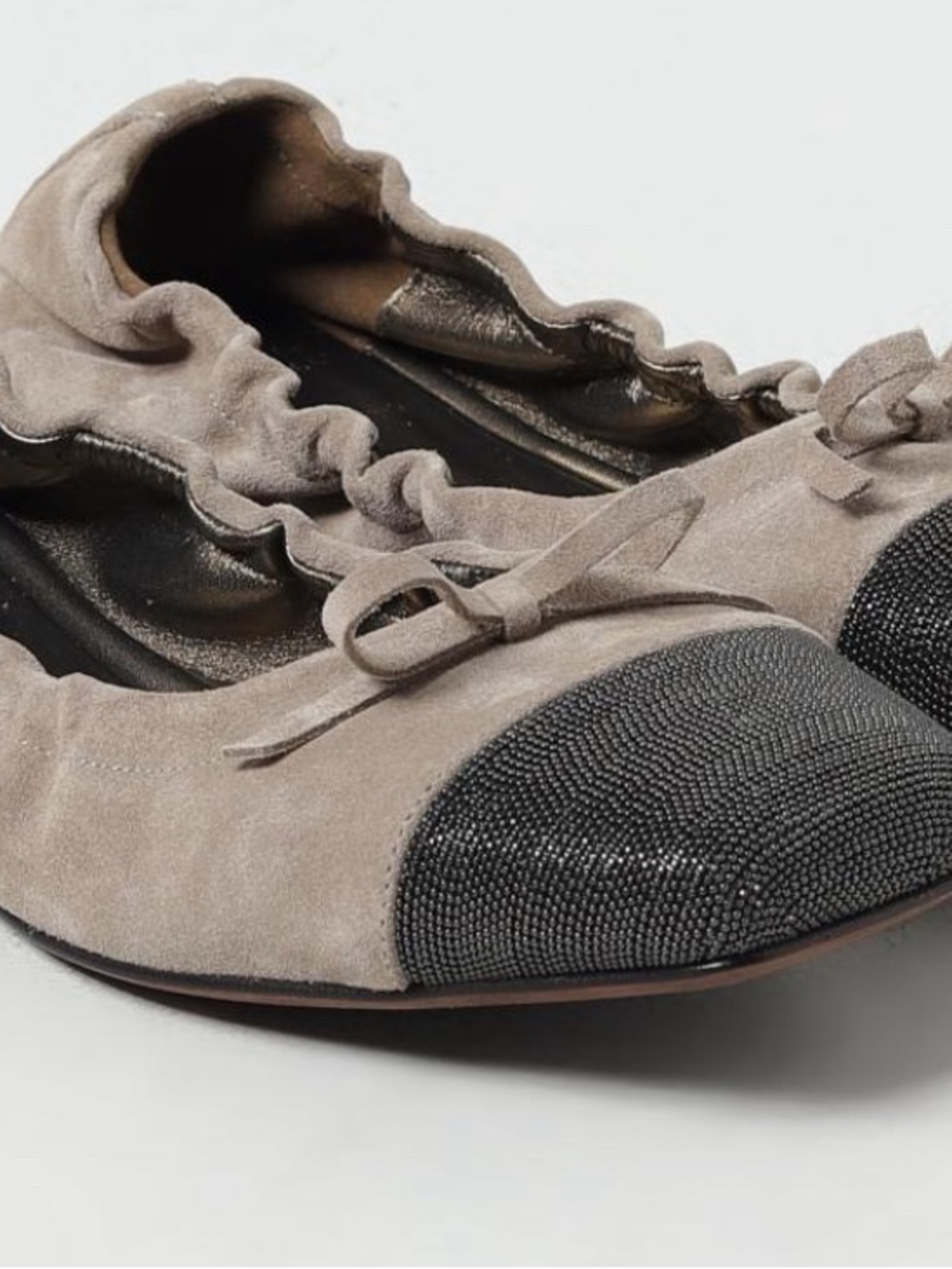 Brunello Cucinelli Taupe Suede Ballet Flats with Black Beaded Cap